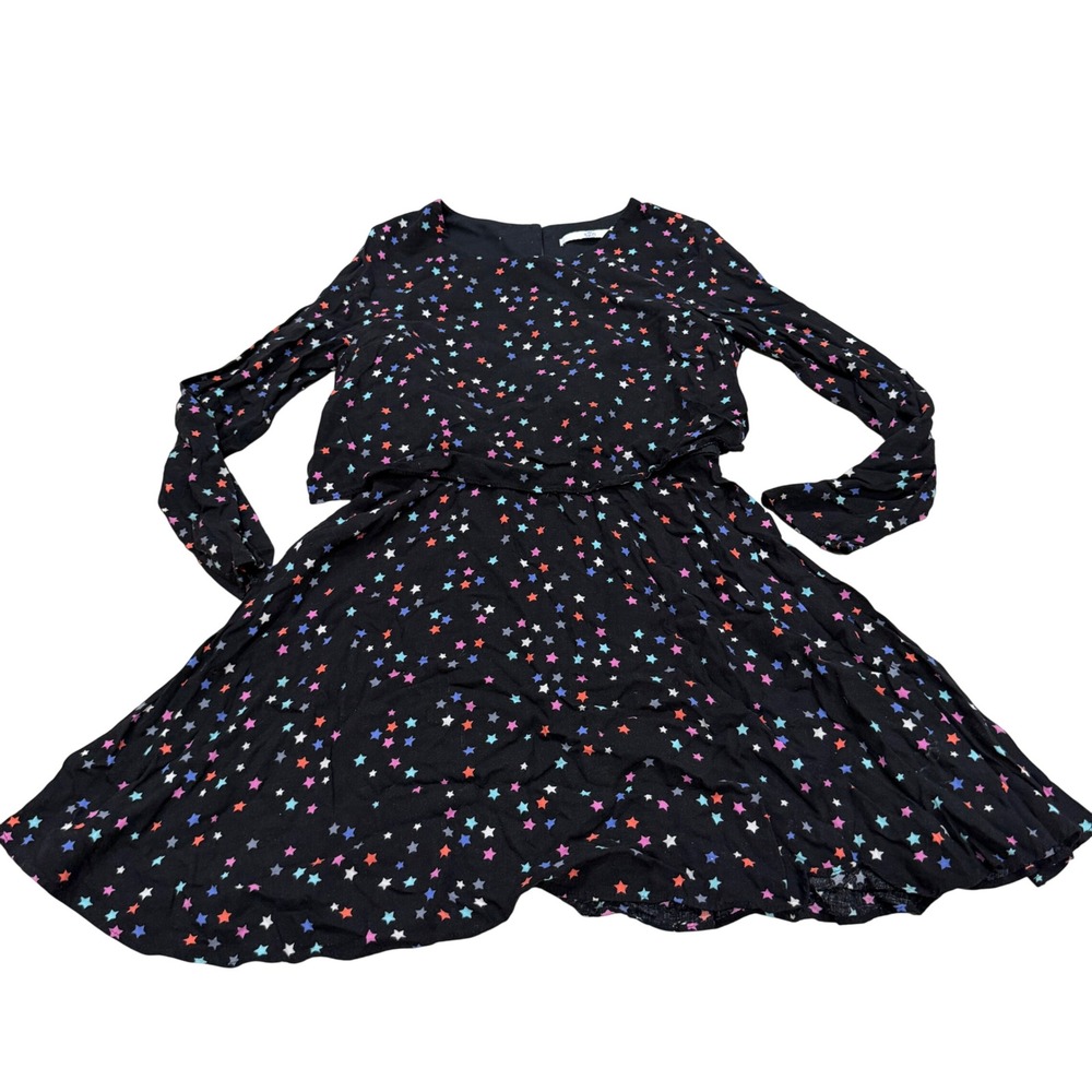 M&S‎ Kids Girls Black Multi Color Star Print Long Sleeve Skater Dress Size 9-10Y